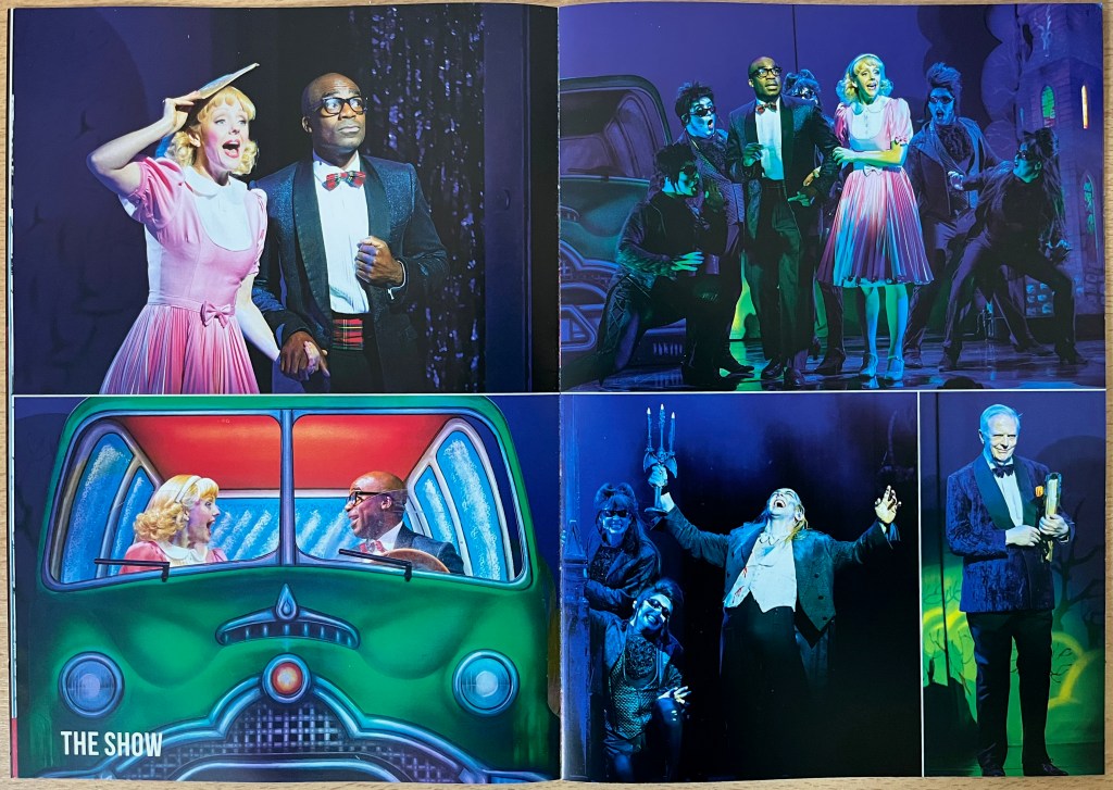 Double-page spread from the Rocky Horror tour brochure, with photos from the show. On the left page, Brad and Janet can be seen singing to each other in their car, and walking along hand in hand. On the right page, the phantoms from the castle dance around them, Riff Raff leans back with laughter, and the Narrator stands and smiles in his smart suit with a thick book under his arm.