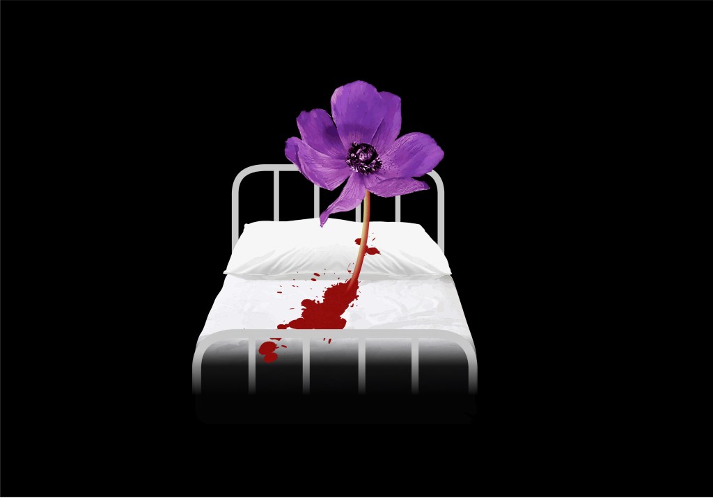 A large purple flower standing in a pool of blood, on a hospital style bed with rails at each end and white sheets.