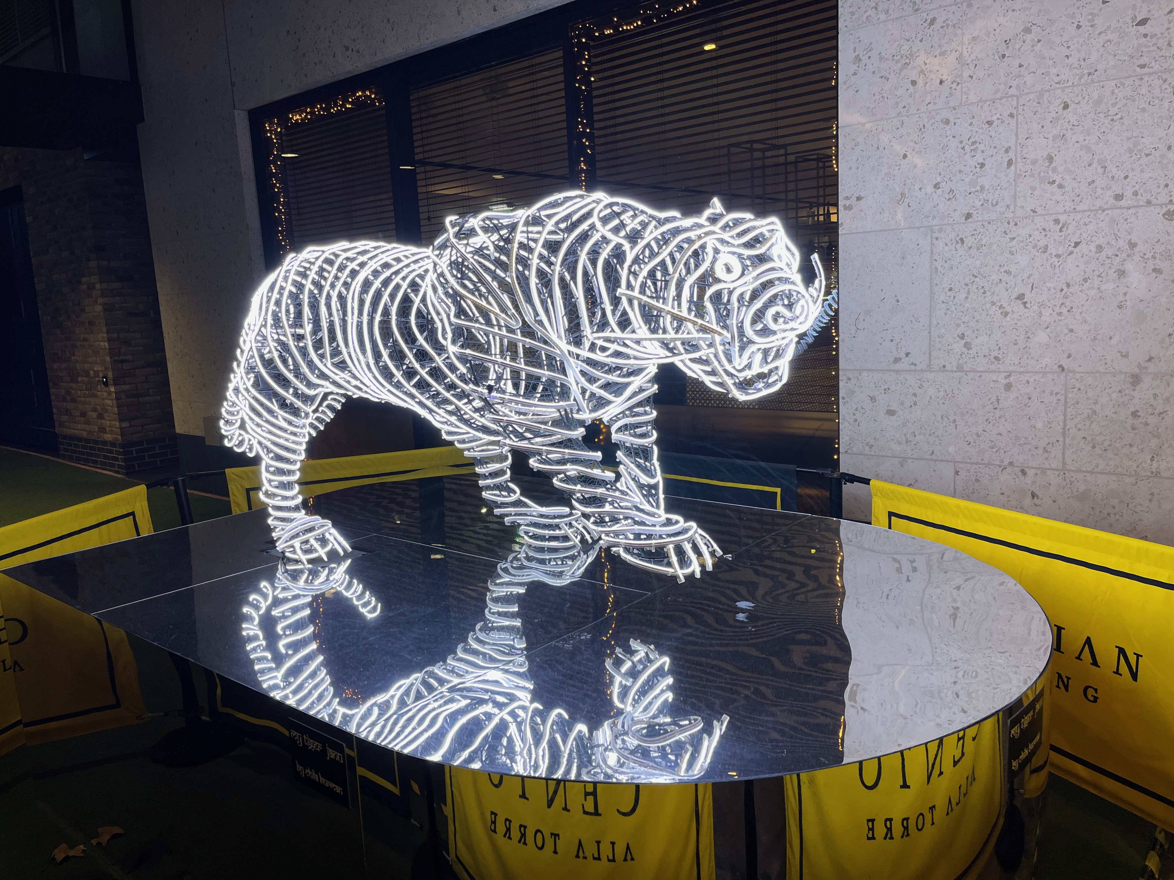 Sculpture of a tiger made up of bright white, long curving string lights, standing on a mirrored base.