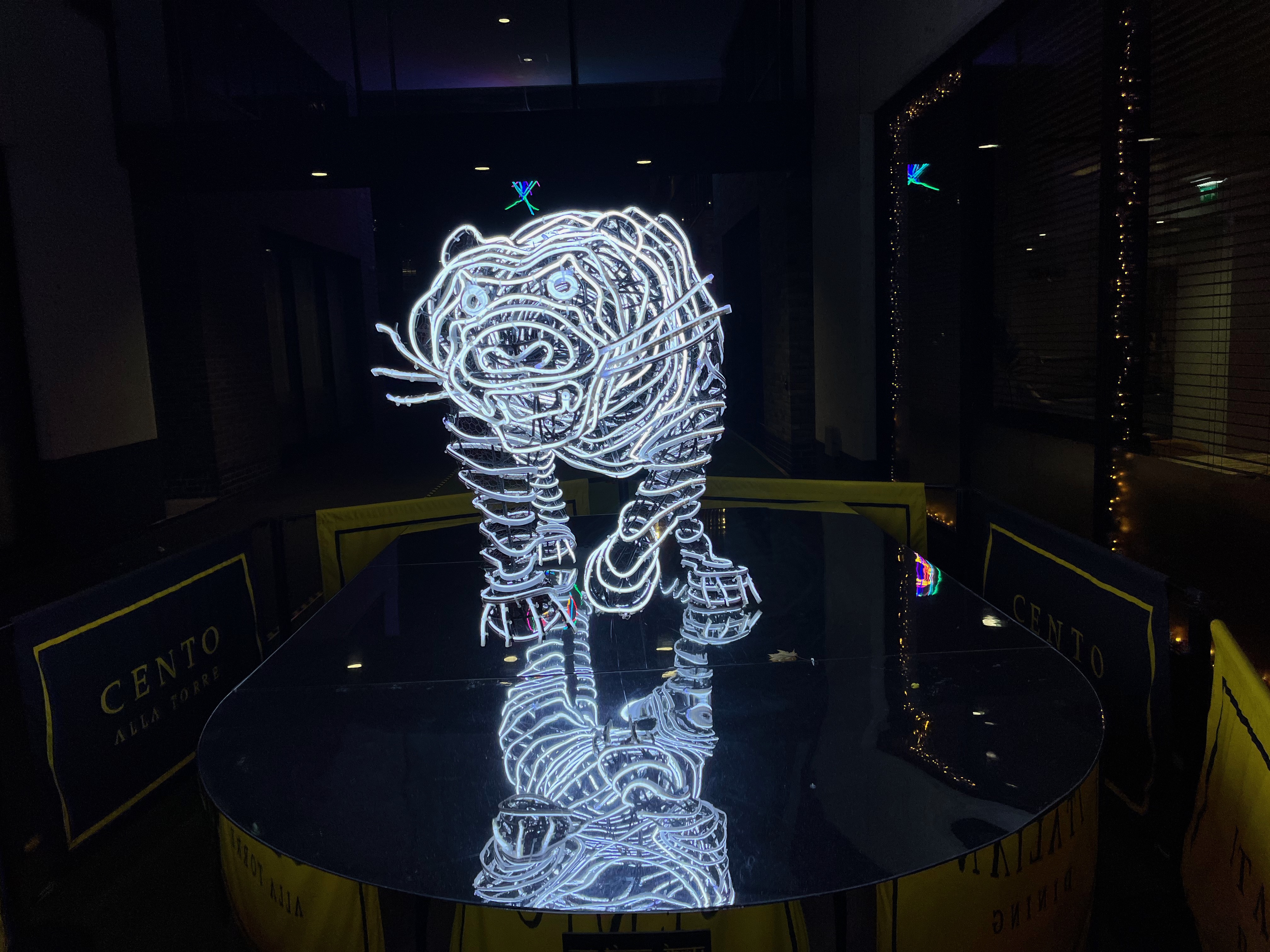 Head-on view of a sculpture of a tiger with long whiskers, made up of bright white, long curving string lights, standing on a mirrored base.