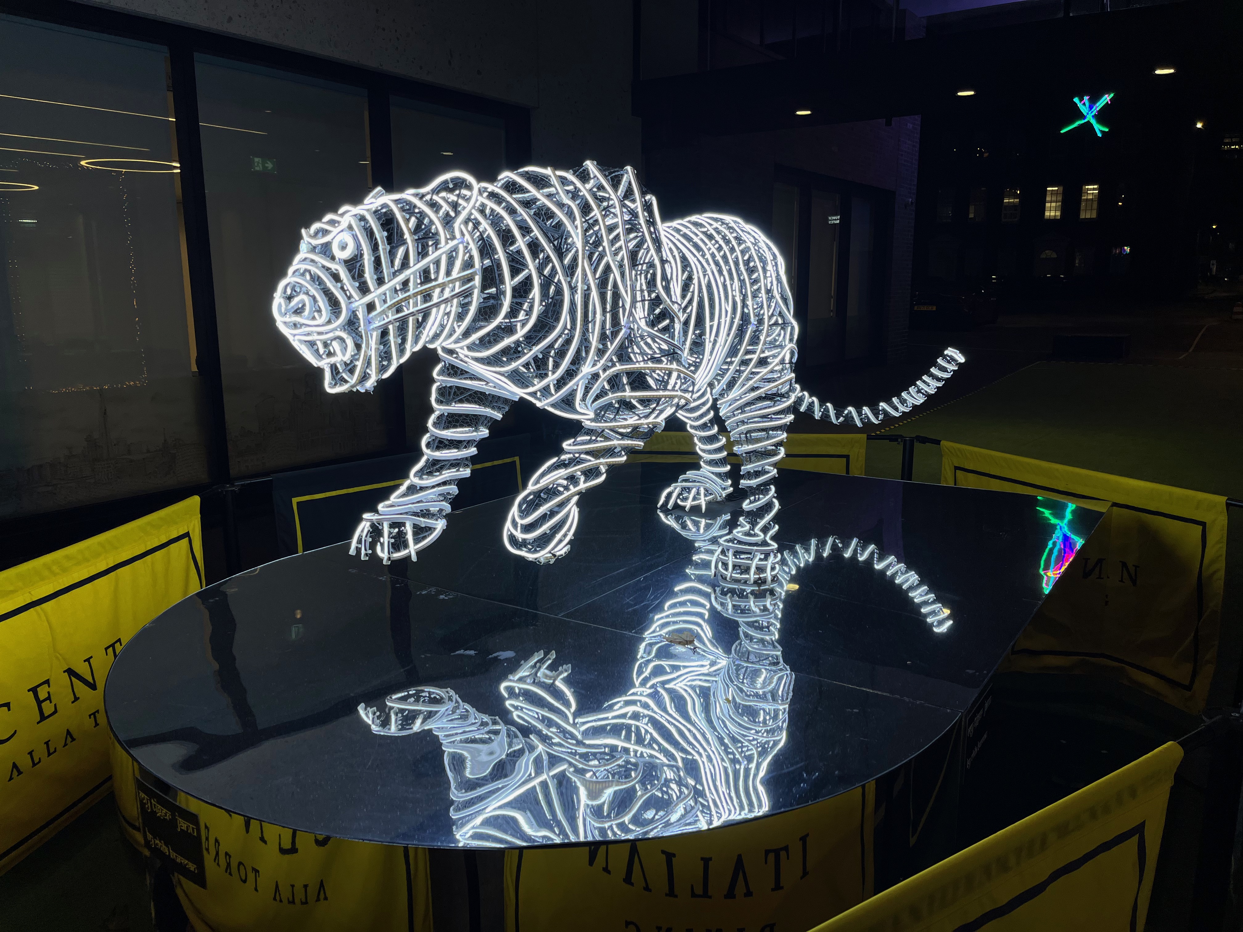 Side view of a sculpture of a tiger, made up of bright white, long curving string lights, standing on a mirrored base.