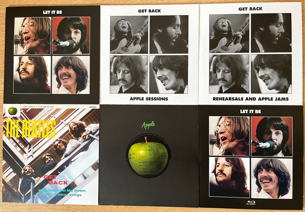 Front covers of the disc sleeves from the Let It Be box set, showing various images of the Beatles or, in one instance, a green apple as the logo for Apple Records.