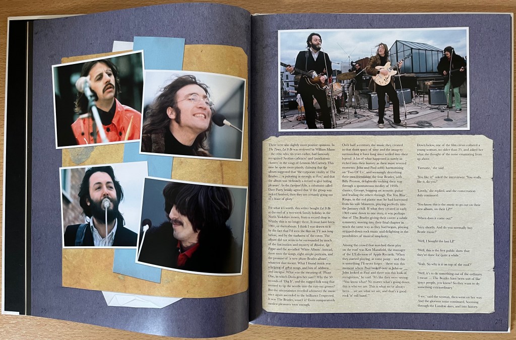 Double-page spread from the Let It Be box set book, showing colour photos of the band performing their rooftop concert at Abbey Road Studios, and text about it.
