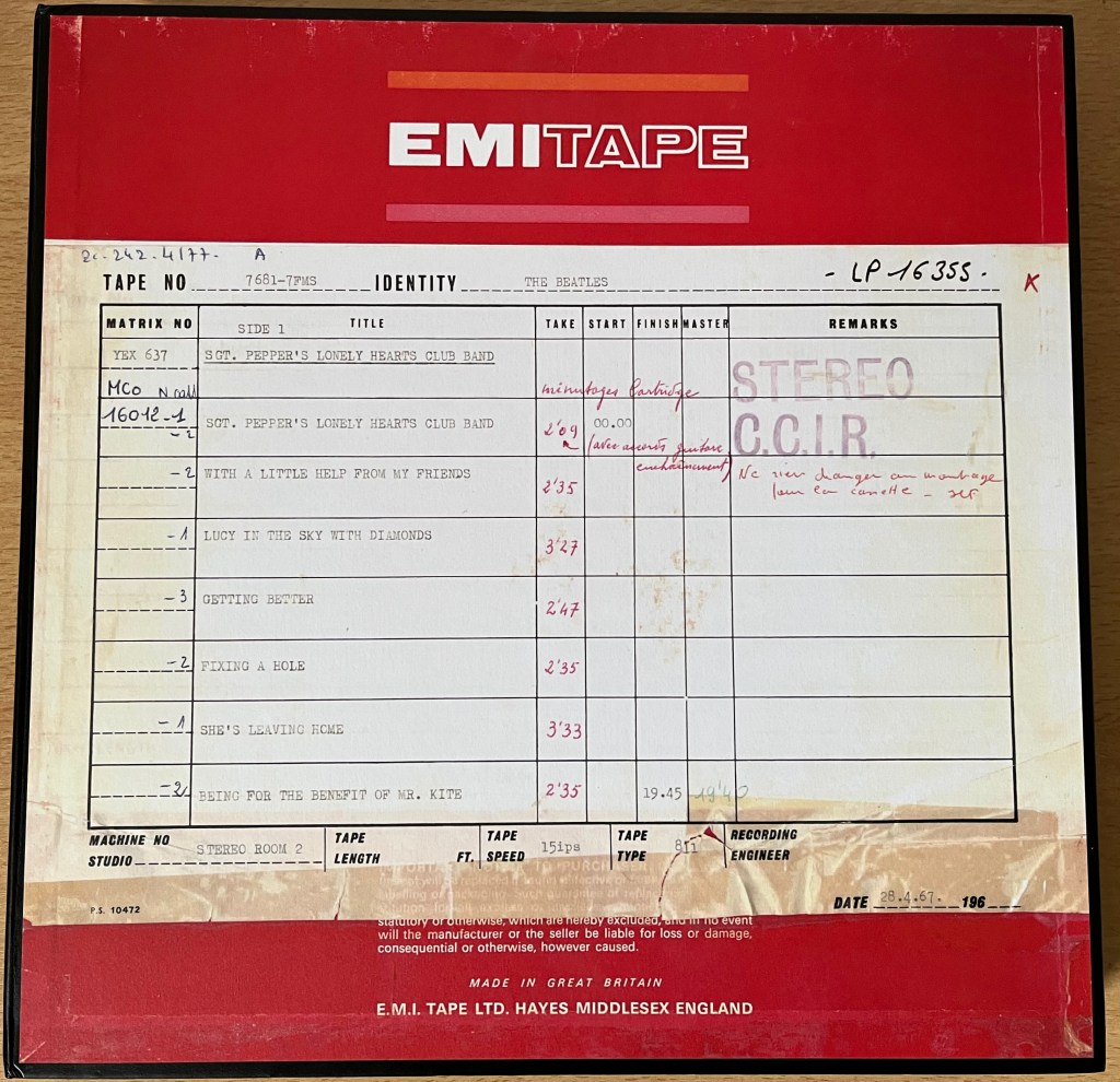Inner box front cover for the Sergeant Pepper box set, with the appearance of an EMI tape case with tracks and other notes written on it.