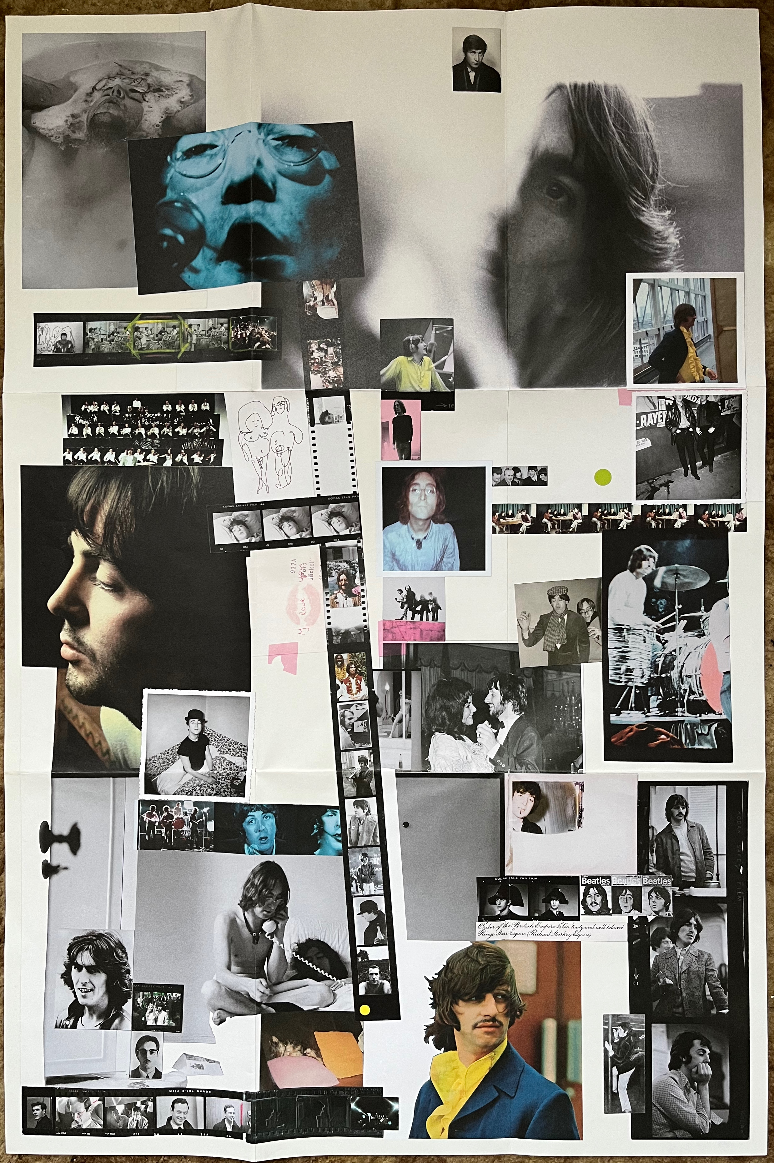 Large poster featuring a montage of photos of the different members of The Beatles.