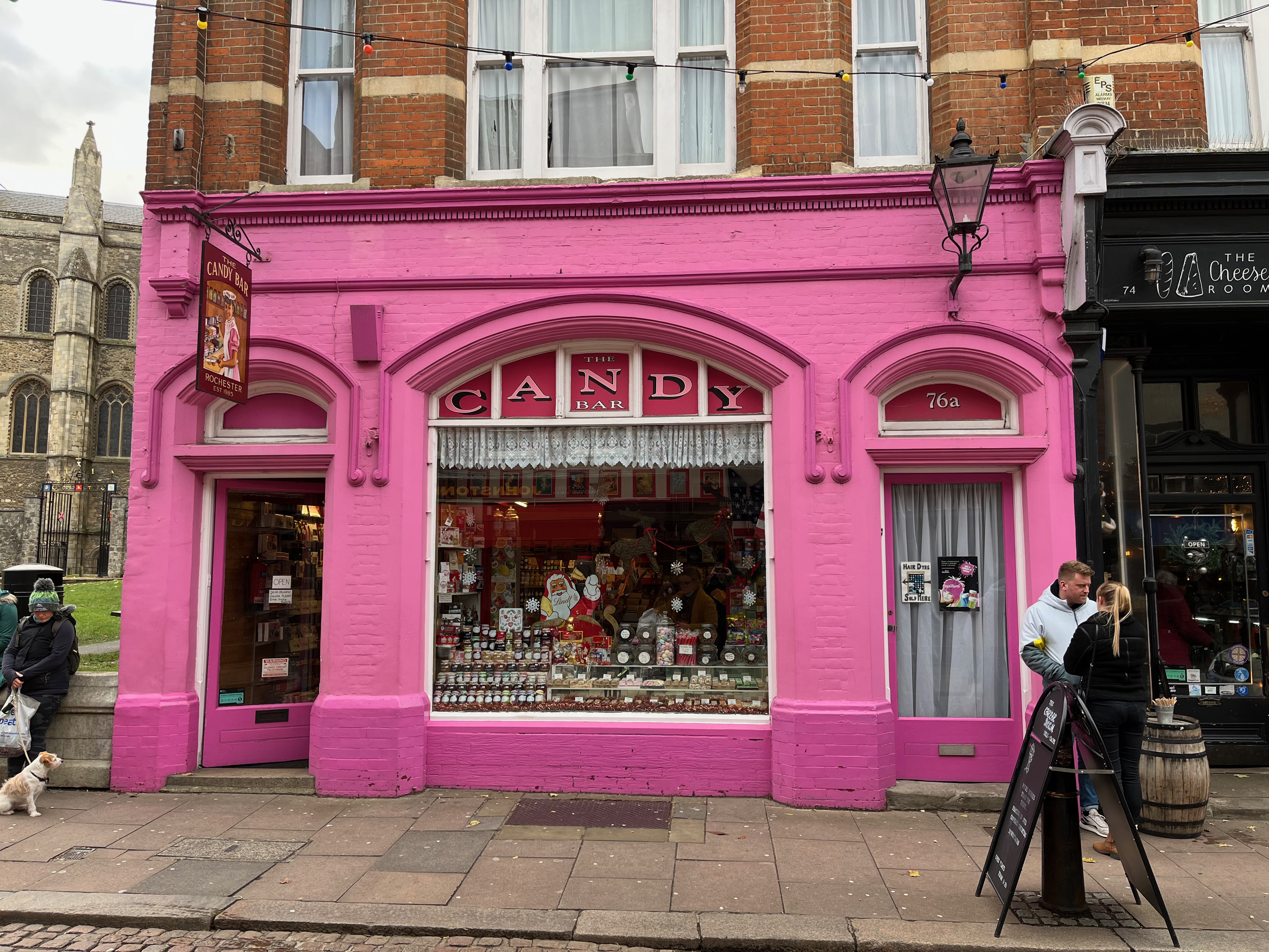The Candy Bar sweet shop, with its bright pink exterior.
