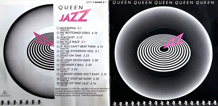 Booklet cover spread for the Jazz album by Queen. The front cover is full of white concentric circles on a black background. The outermost circle is bright and bold, with thin circles radiating inwards. The centre of the cover has 10 thicker circles, and protruding from the smallest innermost circle is the word Jazz in pink letters. The back cover has a white background, with half of the front cover image on the left, mirrored and with the colours inverted, while on the right is the track listing in black text.