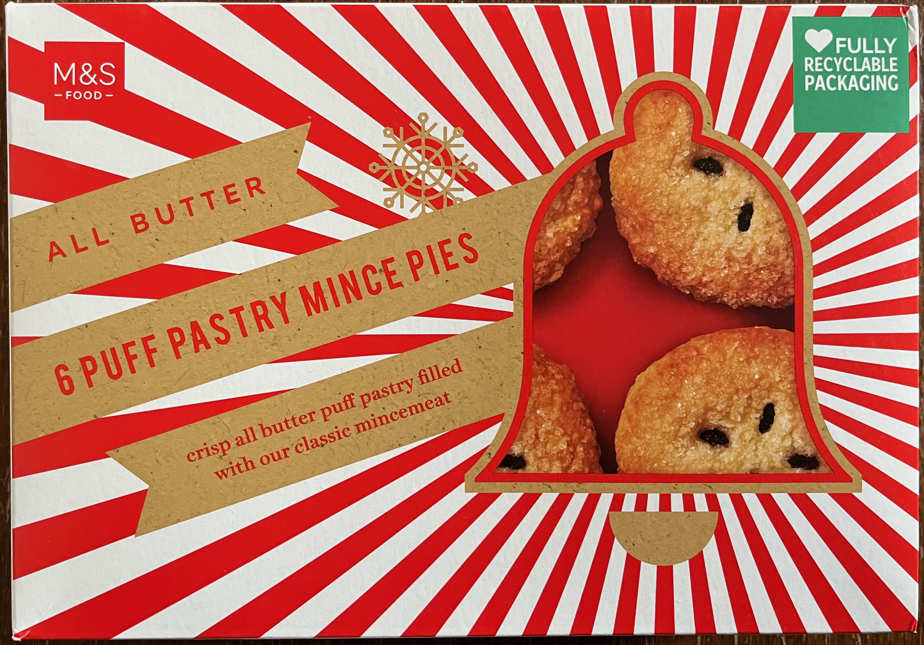 A box of 6 Marks & Spencer Puff Pastry Mince Pies.
