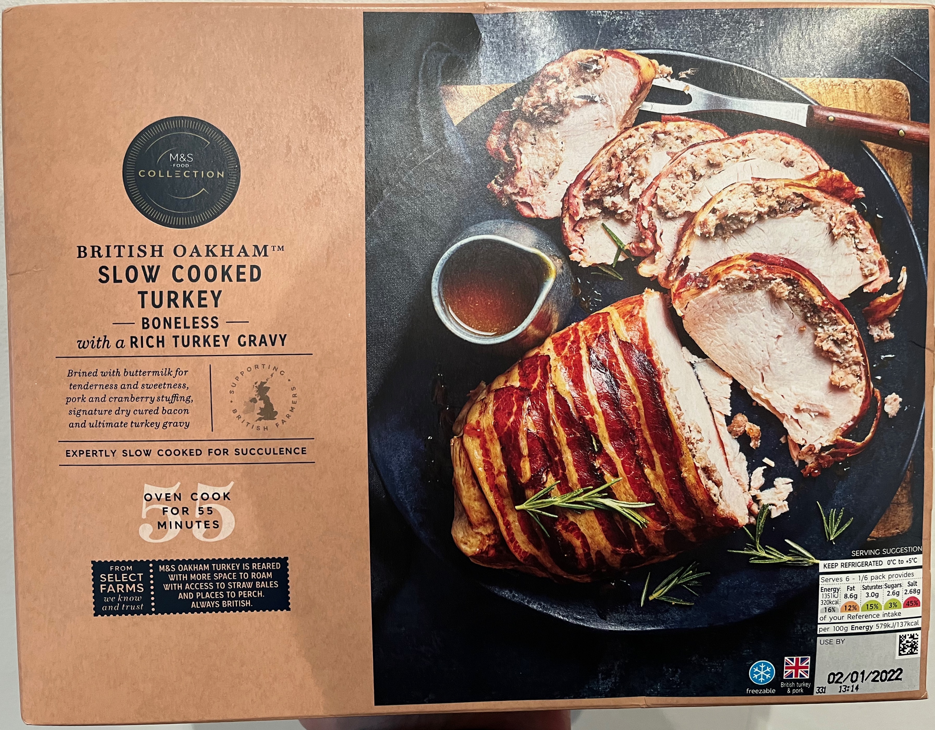 Marks & Spencer British Oakham Slow Cooked Turkey, boneless, with a rich turkey gravy. Brined with buttermilk for tenderness and sweetness, pork and cranberry stuffing, signature dry cured bacon, and ultimate turkey gravy. Overn cooks in 55 minutes.