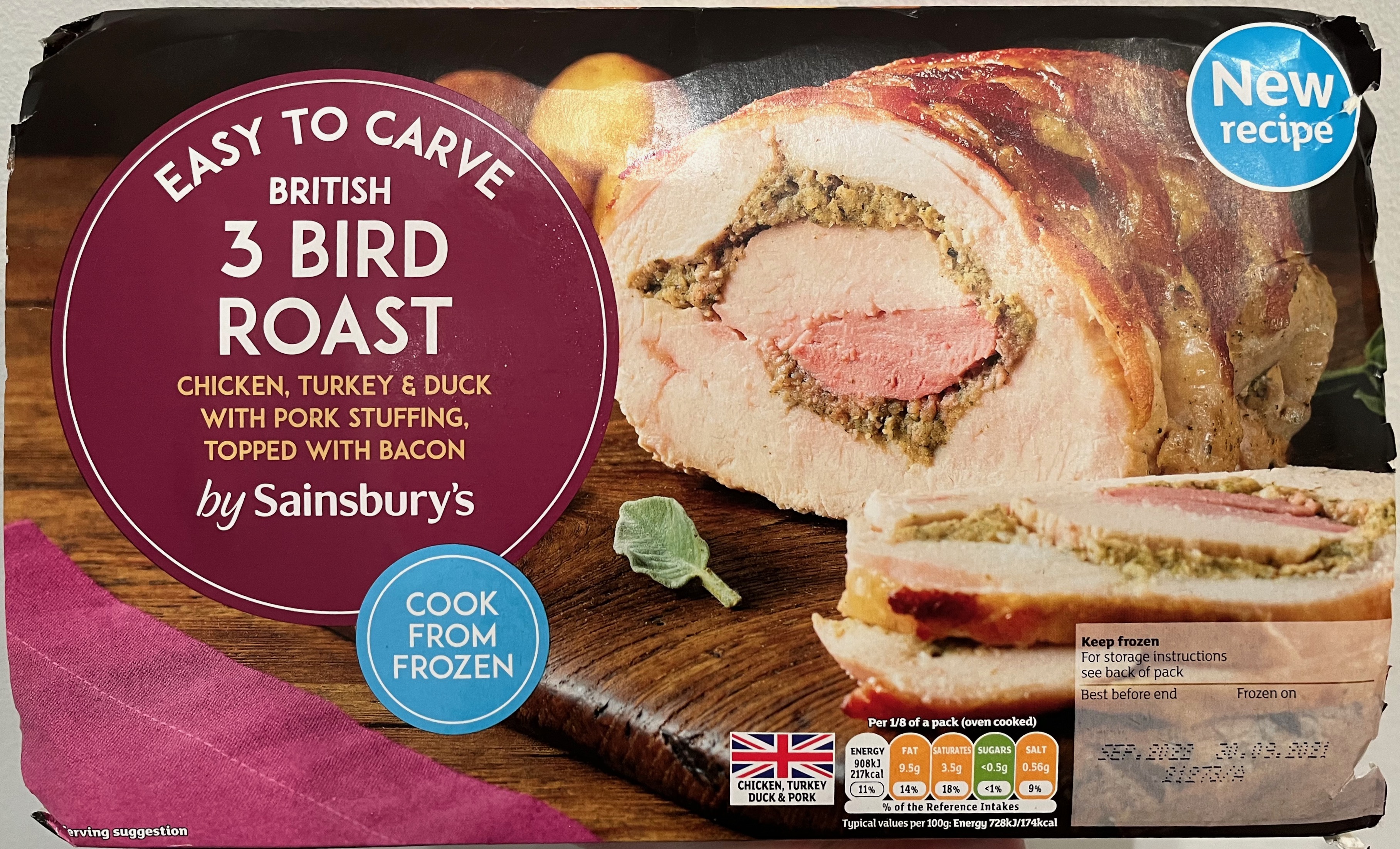 Sainsbury's Easy To Carve British 3 Bird Roast, consisting of chicken, turkey and duck, with pork stuffing, and topped with bacon.