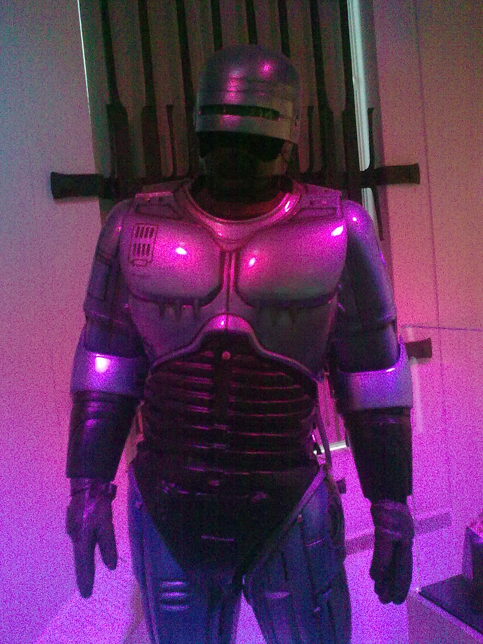 The armoured costume of Robocop, complete with helmet that has a slit for the eyes to look through.