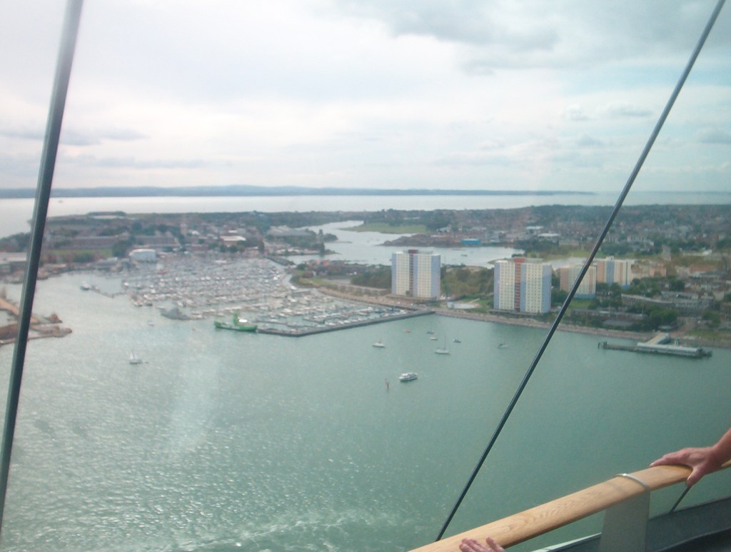 View from the Spinnaker Tower towards waterside buildings and apartment blocks.