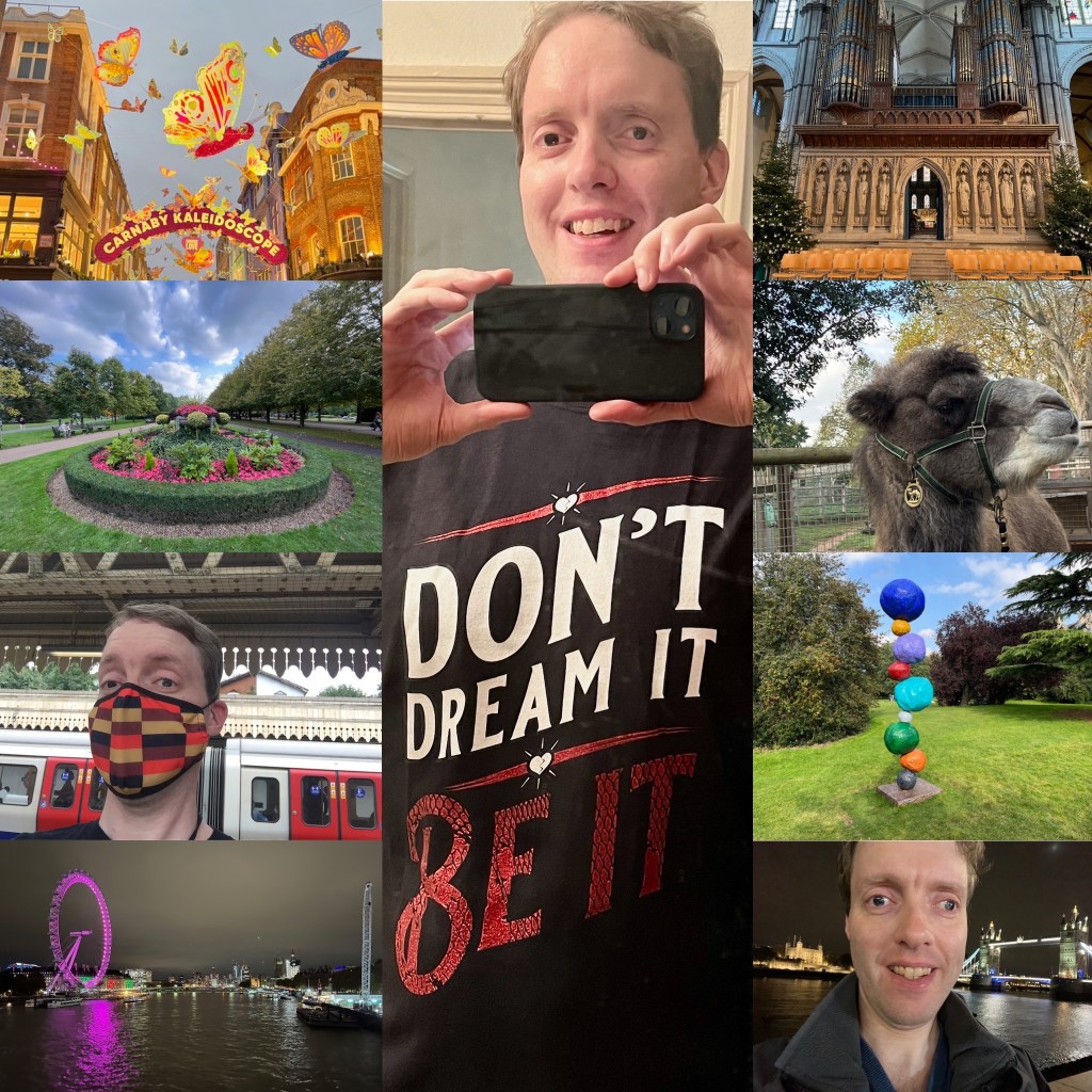 Collage of 9 of my favourite photos from 2021, including an image of me wearing a t-shirt saying Don't Dream It Be It, colourful model butterflies above Carnaby Street, a flowerbed in Regent's Park, a selfie of me wearing a face mask at a Tube station, a night view of the Thames with the London Eye lit-up in pink, a selfie of me in front of a lit-up Tower Bridge at night, an artistic stack of colourful boulders in Regent's Park, Genghis the camel at London Zoo, and statues below large ornate organ pipes in Rochester Cathedral.