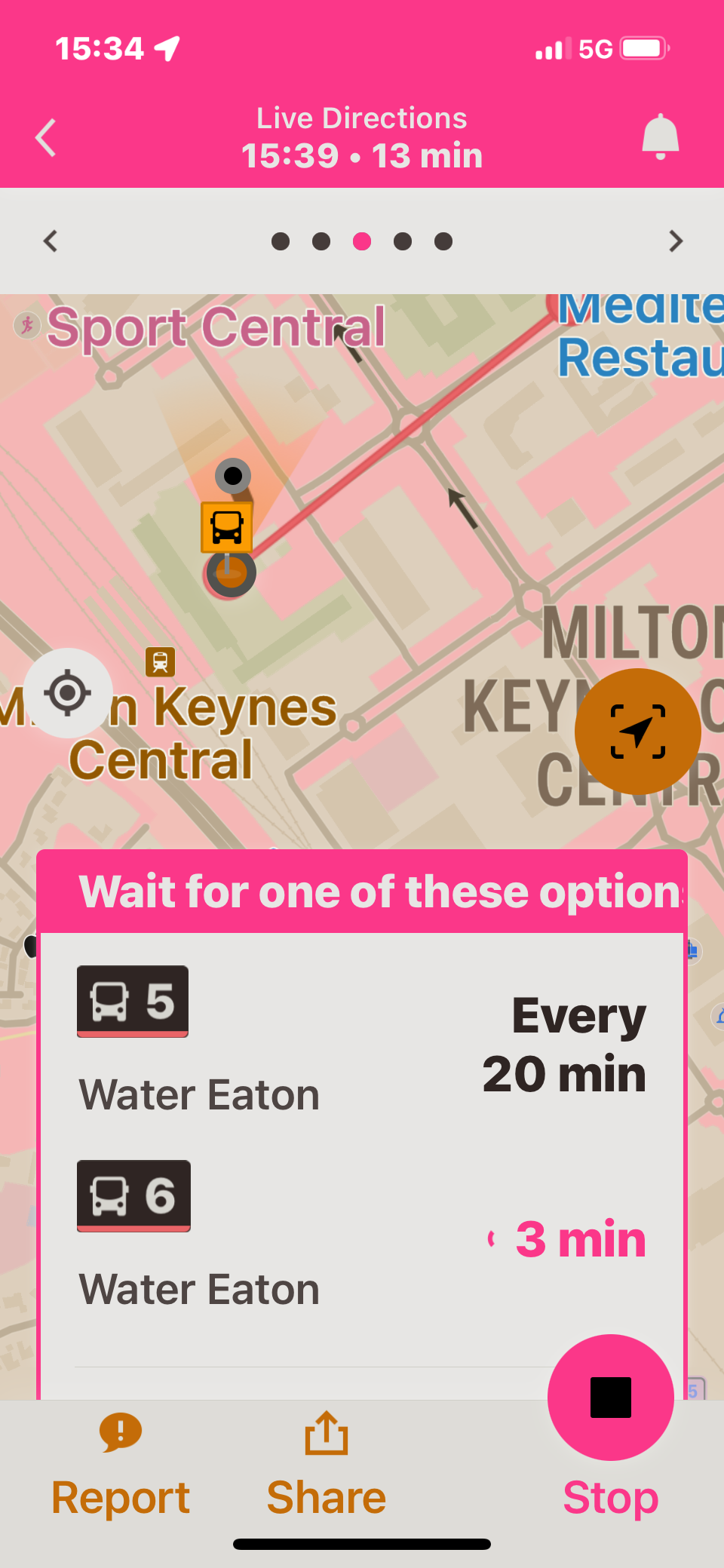 Moovit app screenshot, showing me that I'm at the bus stop on the map. It also tells me that I can get the number 5 bus, which comes every 20 minutes, or the number 6, which comes very 3 minutes. Both buses go to Water Eaton.