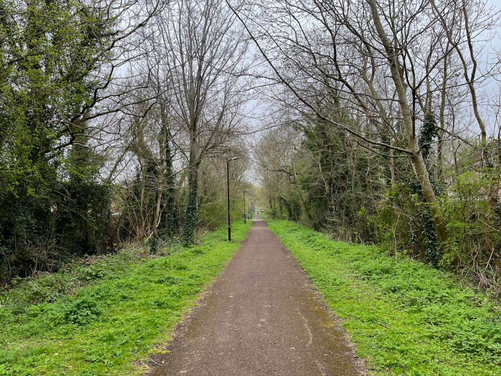 A long straight path, with grass and trees on each side, and lamp posts along the left side.
