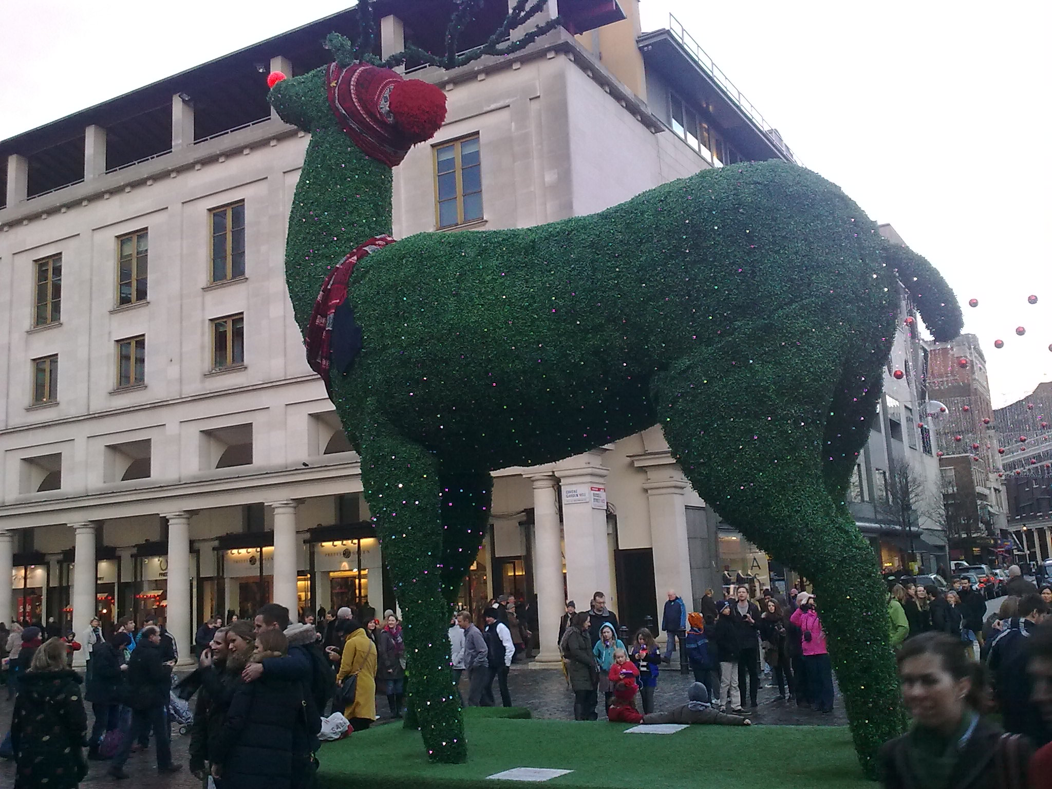 A large green grassy sculpture of Rudolph the Red Nosed Reindeer, adorned with strings of colourful Christmas lights. As well as his red nose, Rudolph is also wearing a woolly hat with a big red bobble on top of it, and a scarf around his lower neck has white, red and blue patterning on it.
