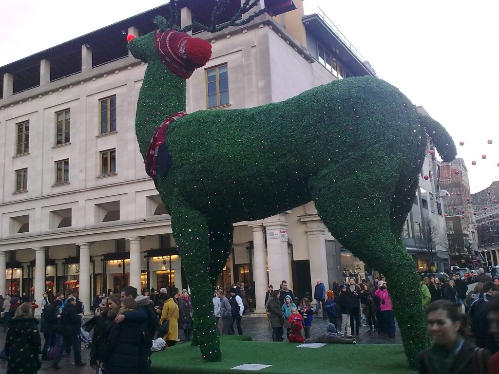 A large green grassy sculpture of Rudolph the Red Nosed Reindeer, adorned with strings of colourful Christmas lights. As well as his red nose, Rudolph is also wearing a woolly hat with a big red bobble on top of it, and a scarf around his lower neck has white, red and blue patterning on it.
