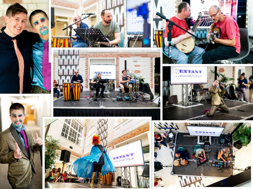 A collage showing members of Extant performing, working and posing for photos. Most of the photos have a musical theme, with members playing instruments, singing or dancing.