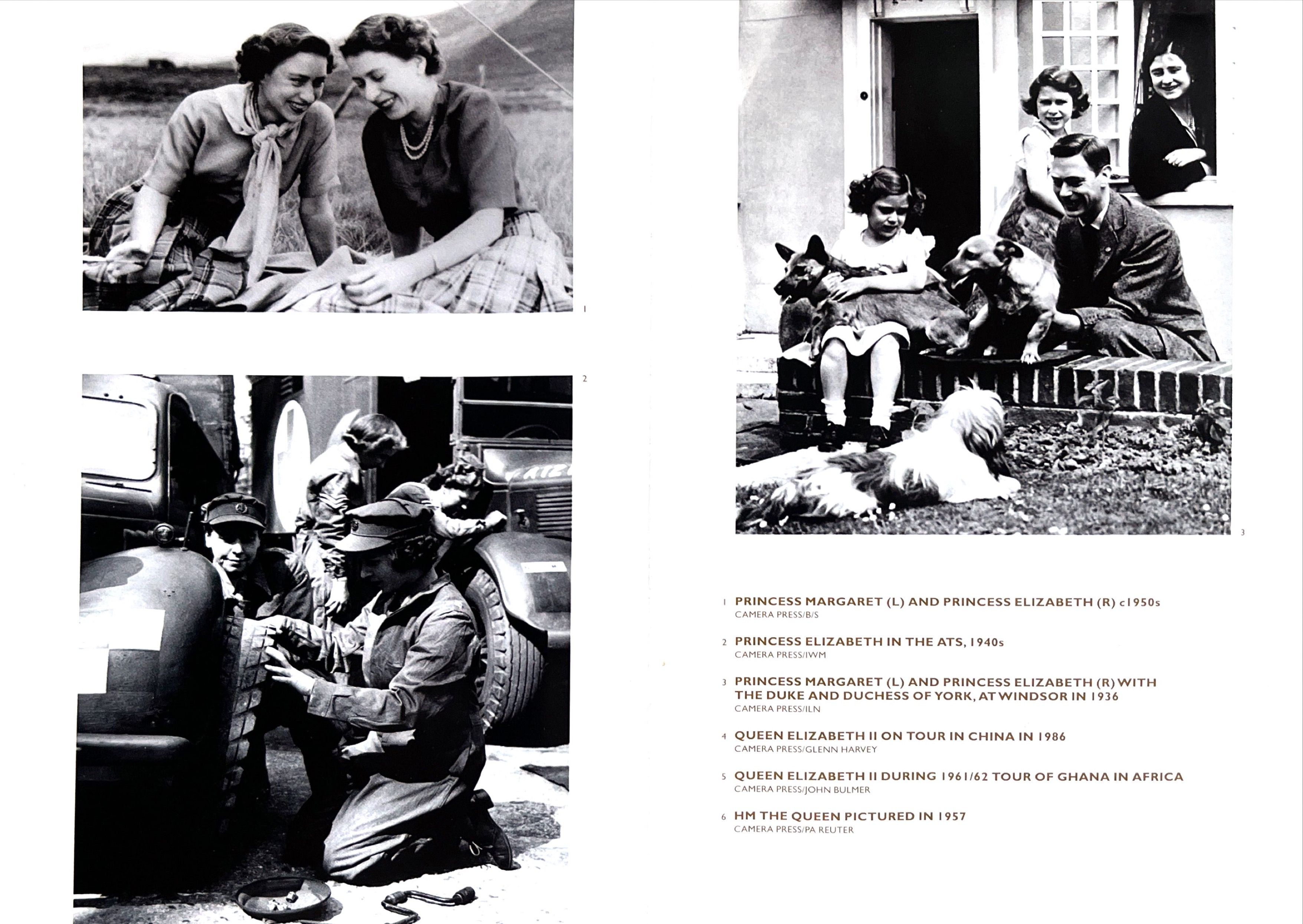 Black and white photos of the Queen, showing her with Princess Margaret in the fifties, in the ATS in the forties, and with the Duke and Duchess of York plus Princess Margaret at Windsor in 1936, from the Party At The Palace DVD booklet.