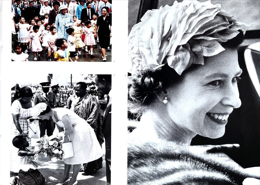 Photos of the Queen, with a colour photo of her on tour in China, a black and white photo of her on tour in Ghana, and a black and white photo of her smiling in 1957, from the Party At The Palace DVD booklet.