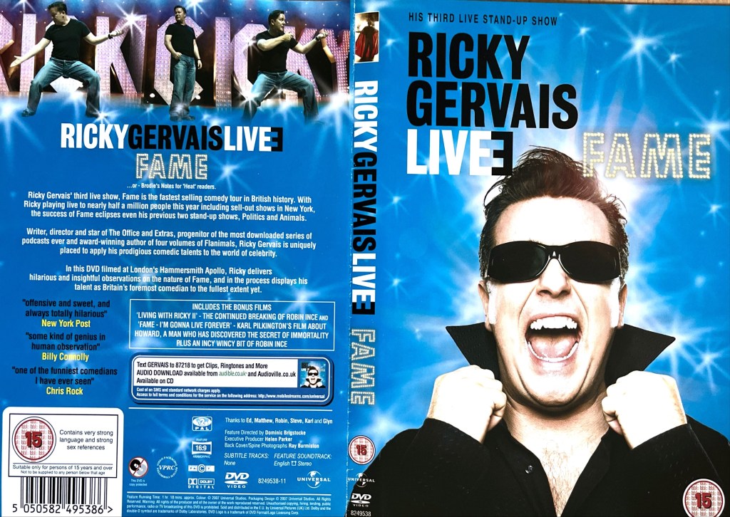 DVD cover for the Ricky Gervais stand-up DVD Fame, showing Ricky wearing dark glasses and a dark shirt and laughing loudly.