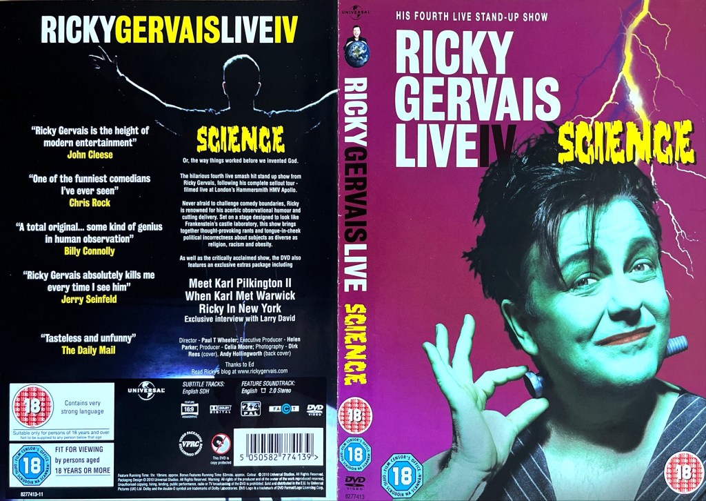 DVD cover for the Ricky s Gervais stand-up DVD Science, featuring a woman with messy black hair holding one end of a large bolt that's stuck through her neck.