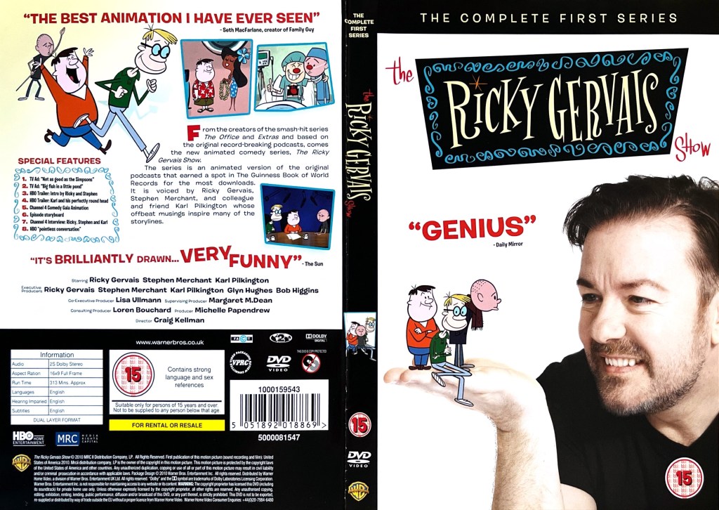 DVD cover for Series 1 of The Ricky Gervais Show, showing Ricky smiling as he looks at the animated versions of himself, Stephen Merchant and Karl Pilkington, who are standing on the palm of his hand held in front of his face.