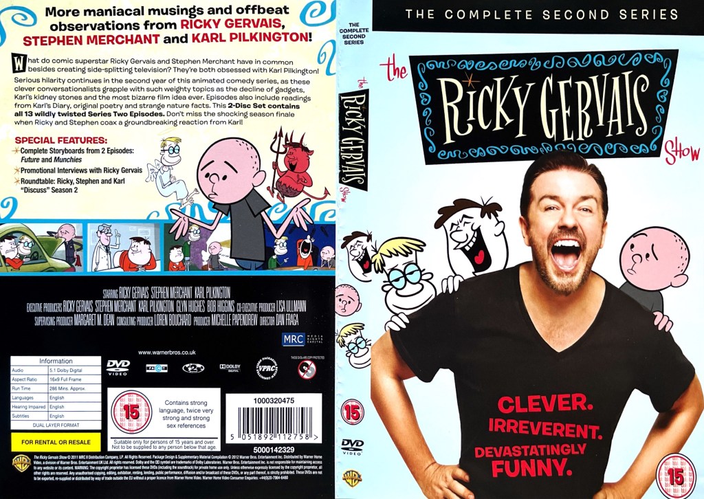 DVD cover for Series 2 of The Ricky Gervais Show, showing Ricky standing with his hands on his hips and laughing loudly, as the animated versions of himself, Stephen Merchant and Karl Pilkington peer over his shoulders, Ricky's avatar also laughing helplessly.