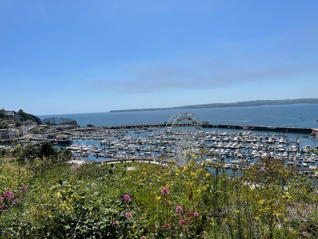 View of a large Ferris wheel, and Torquay harbour full of boats in the distance beyond it, taken from high up on a cliff walk on a beautiful clear blue day.
