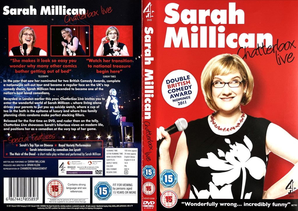DVD cover for Chatterbox by Sarah Millican, showing her smiling and holding a microphone in front of a red background. She's wearing a black top with a white silhouette of a large leafy plant on it.