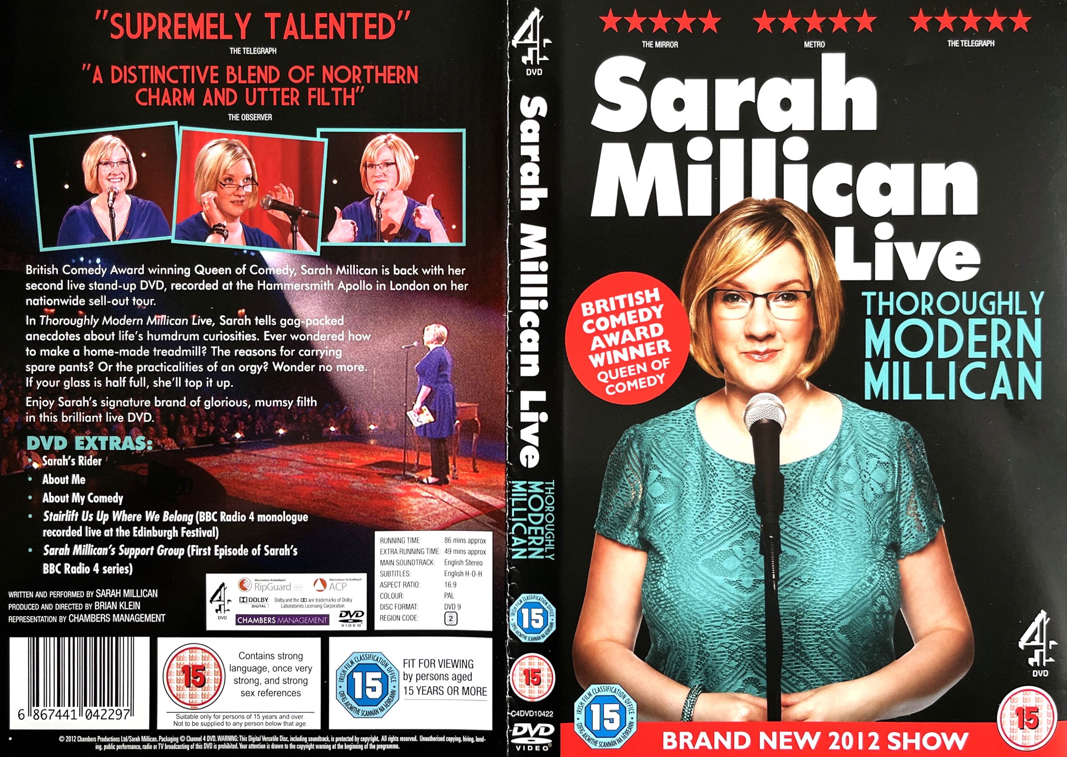 DVD cover for Thoroughly Modern Millican by Sarah Millican, showing her standing in front of a microphone while wearing a green, short-sleeved, scoop-necked top with detailed flowery patterns on it.