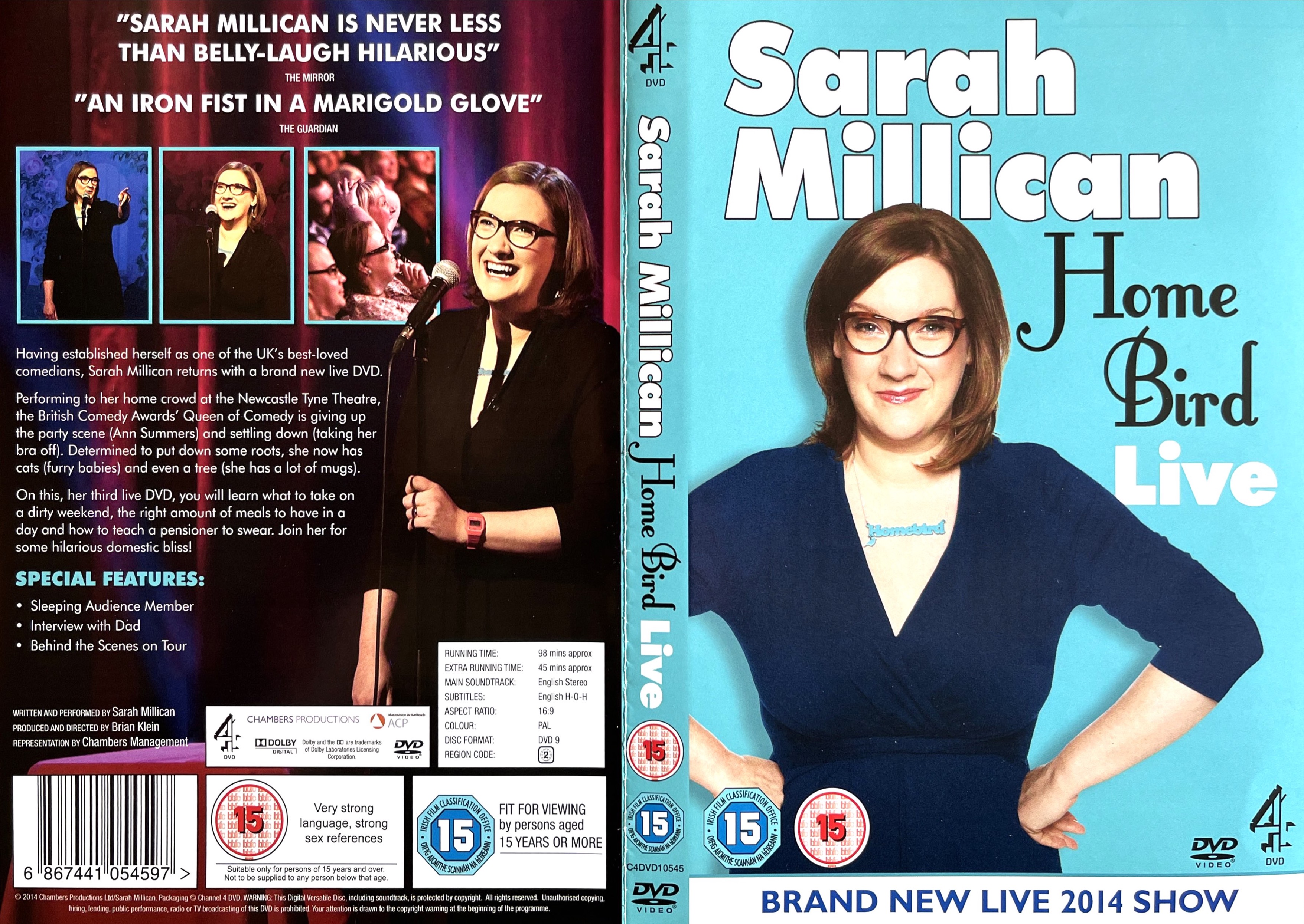 DVD cover for Home Bird by Sarah Millican, showing her standing with her hands on her hips against a light blue background, wearing a dark navy v-neck top. A chain around her neck has the word Home bird hanging from it in small blue lettering, with tiny birds attached to the first and last letters.