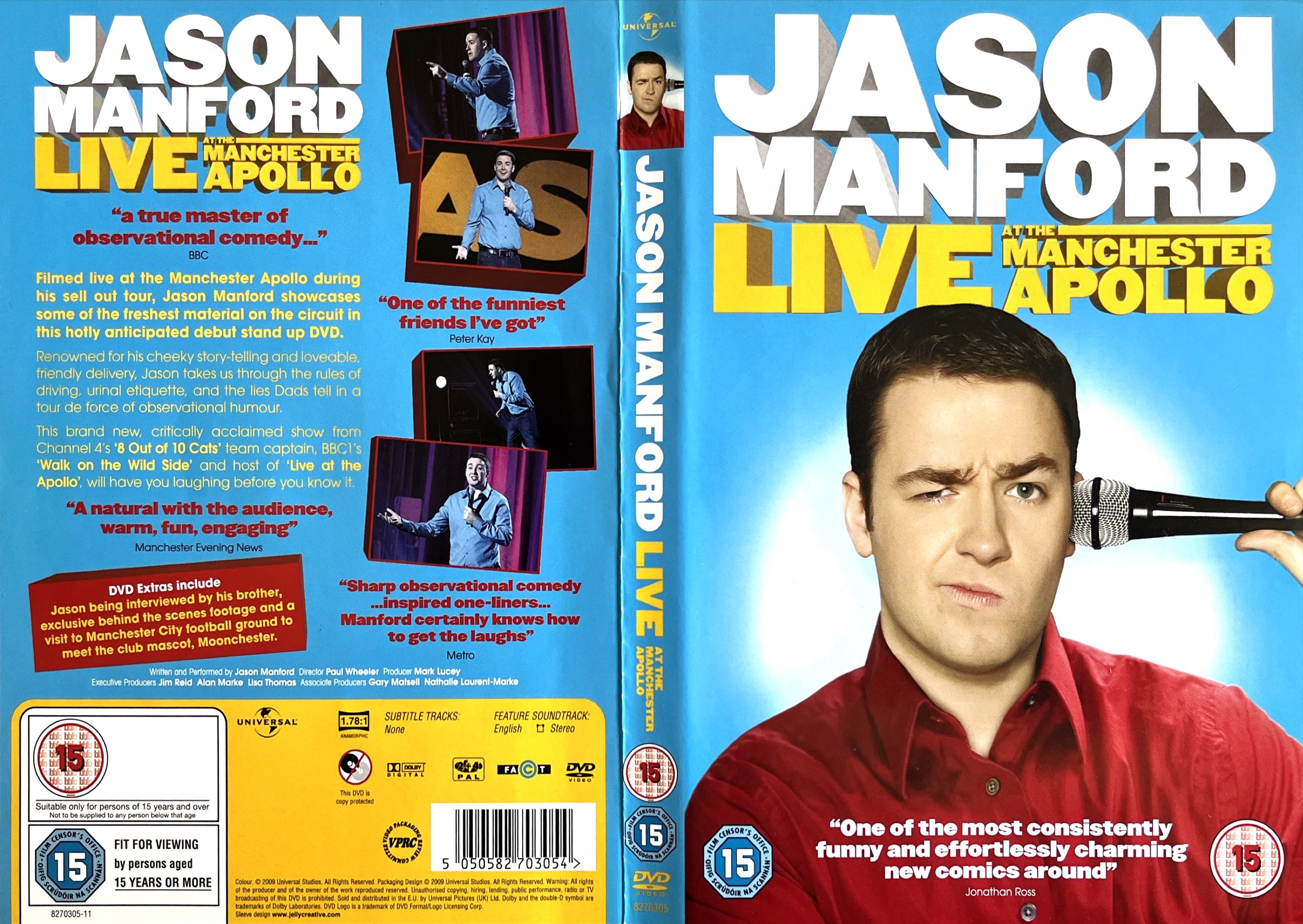 DVD cover spread for Jason Manford Live At The Manchester Apollo.  The front of the sleeve shows Jason with a squinting look of puzzlement as he holds a microphone to his ear. The back cover has a few small photos of him performing in the show alongside the details of the DVD.