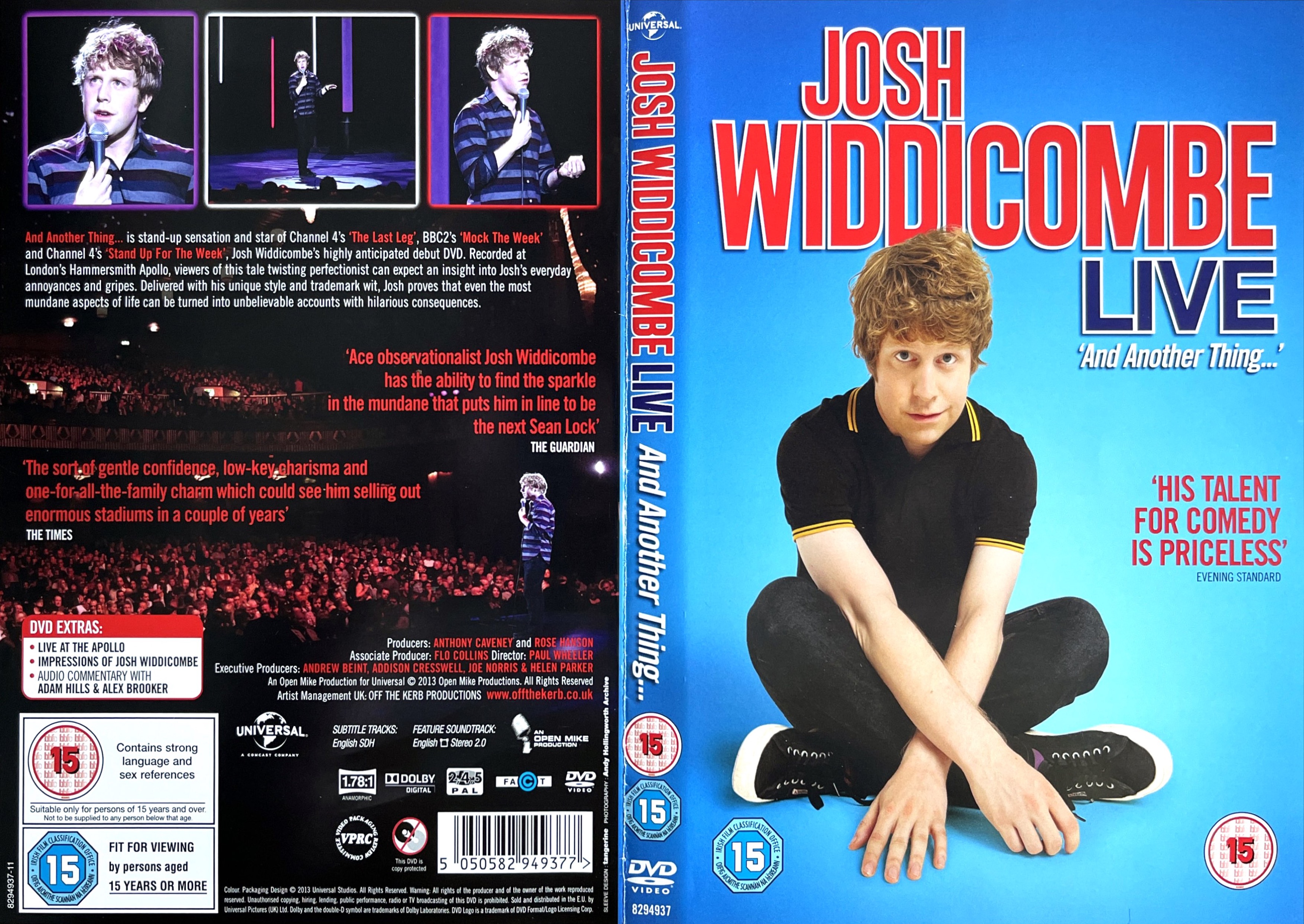 DVD cover spread for Josh Widdicombe - And Another Thing. The front cover shows the curly ginger haired comedian, dressed in a black t-shirt, trousers and trainers, smiling as he sits cross-legged on the floor in front of a blue background. The back cover shows photos of him performing along with the description and review quotes.