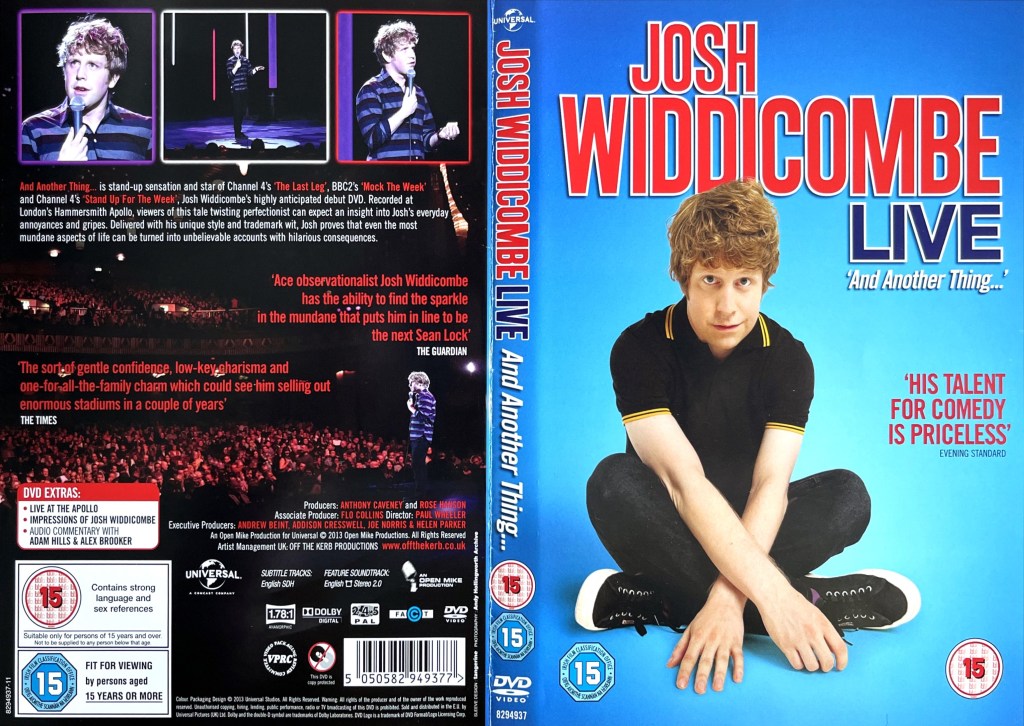 DVD cover spread for Josh Widdicombe - And Another Thing. The front cover shows the curly ginger haired comedian, dressed in a black t-shirt, trousers and trainers, smiling as he sits cross-legged on the floor in front of a blue background. The back cover shows photos of him performing along with the description and review quotes.
