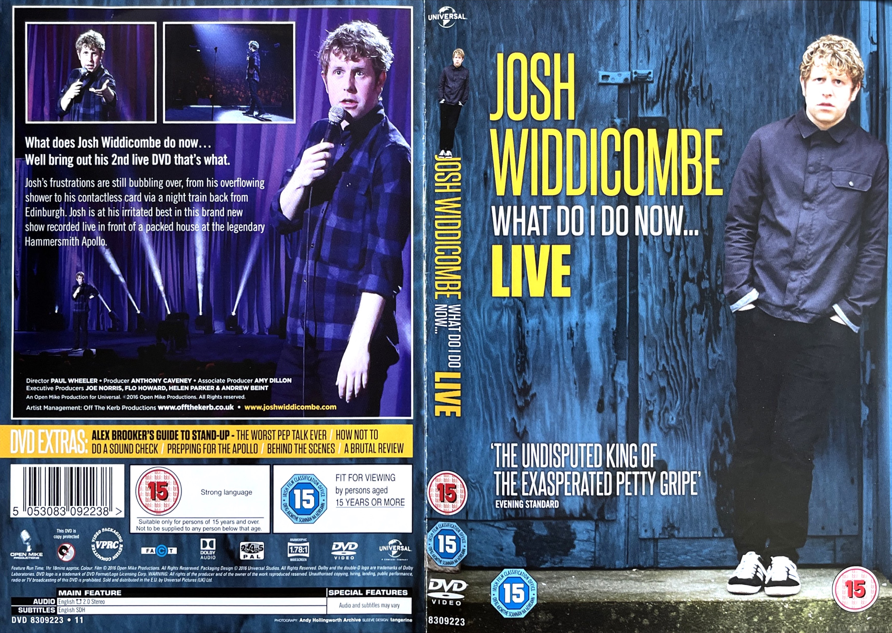 DVD cover spread for Josh Widdicombe - What Do I Do Now. The front cover shows the comedian, with curly ginger hair, wearing a dark shirt and trousers, and with black and white trainers, leaning against a wall in front of a large gate. The back cover shows photos of him performing alongside the description of the DVD.