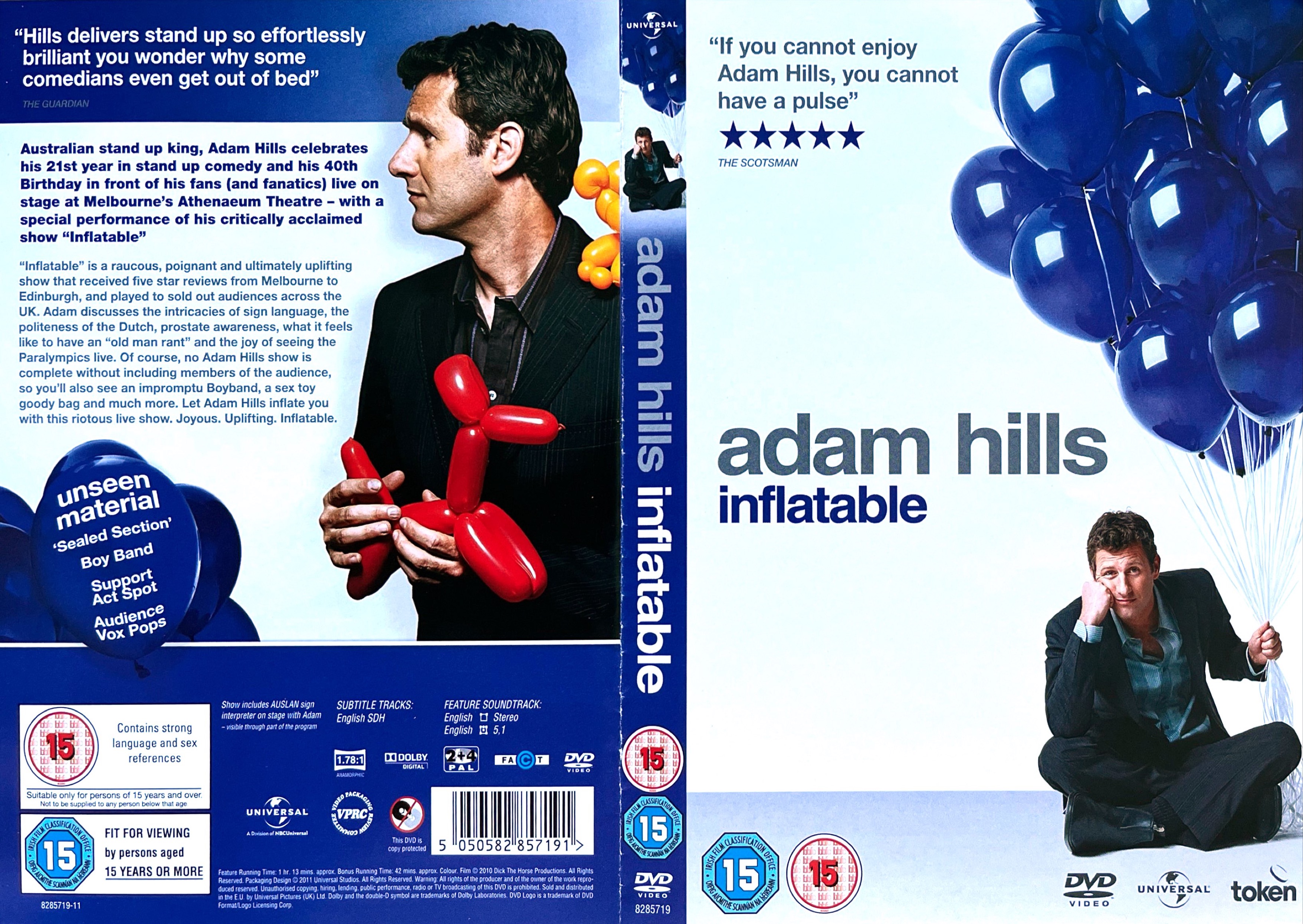 DVD cover spread for Adam Hills - Inflatable. The front cover shows Adam sitting cross-legged on the floor, while holding a string attached to a bunch of big purple balloons above him. Meanwhile on the back cover, alongside the details of the DVD, Adam is shown holding a small red balloon model of a dog.