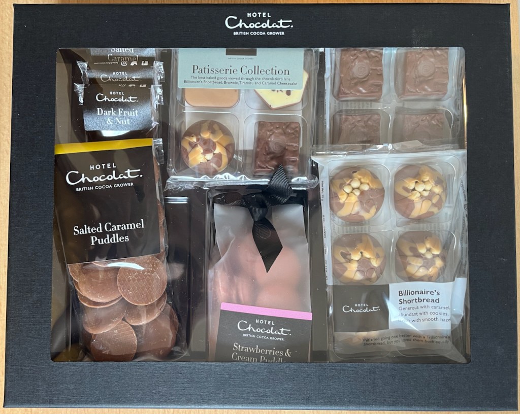 Chocolate selection box from Hotel Chocolat, with Salted Caramel Puddles, Strawberries & Cream Puddles, Billionaire's Shortbread, Patisserie Selection and a few smaller items.