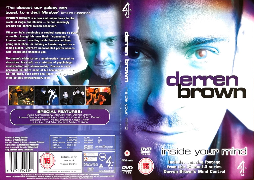DVD cover spread for Derren Brown - Inside Your Mind. The front cover shows a brightly lit close-up of Derren's face, with his eyes staring directly at you, while the back cover contains some images from the show with the DVD information.