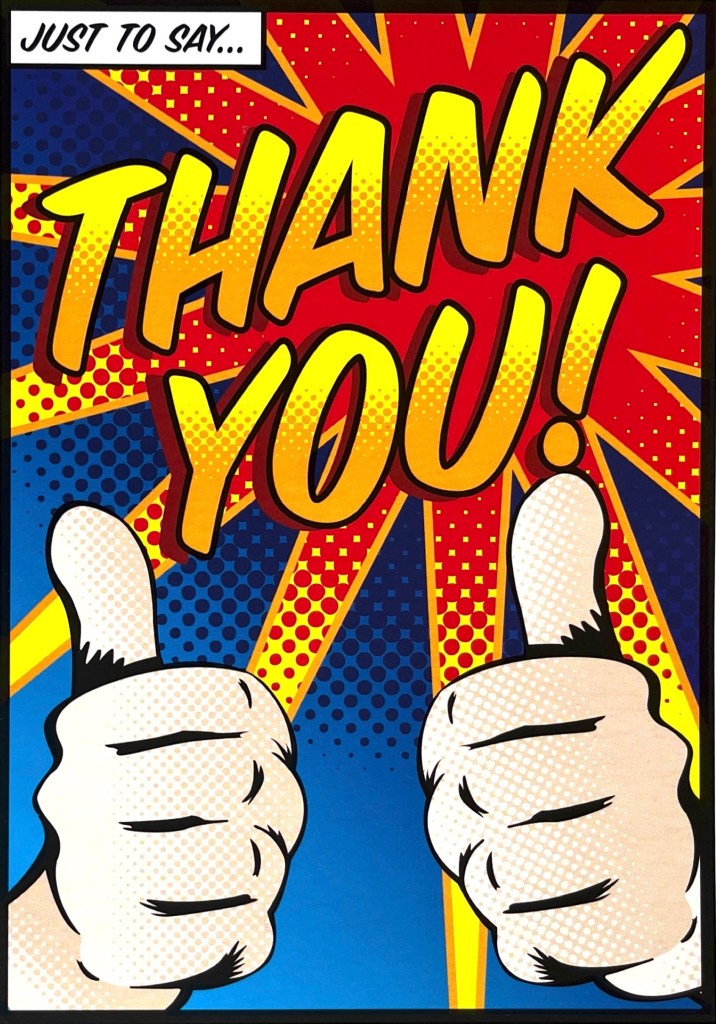 The front cover of a thank you card. The words Thank You are displayed over an explosion graphic in big letters, each with a gradient colour from yellow to orange, filling the top half of the page. Below that are two large hands giving thumbs up.