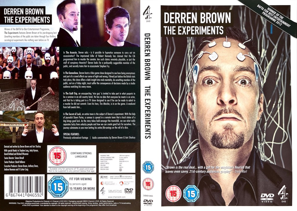 DVD cover spread for Derren Brown - The Experiments. The front cover shows Derren staring straight ahead, with wired electrodes attached to his bald head, and more wires hanging down in the background. The back cover shows images of Derren in each of the 4 episodes alongside their descriptions.