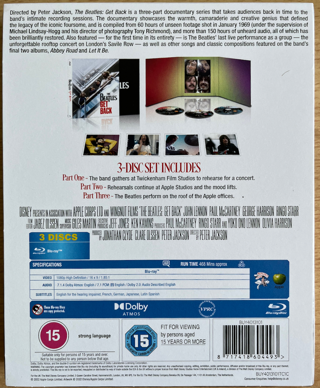 Back cover of the Blu-ray set for Get Back by The Beatles, showing an image of the set when opened up and further details about it.