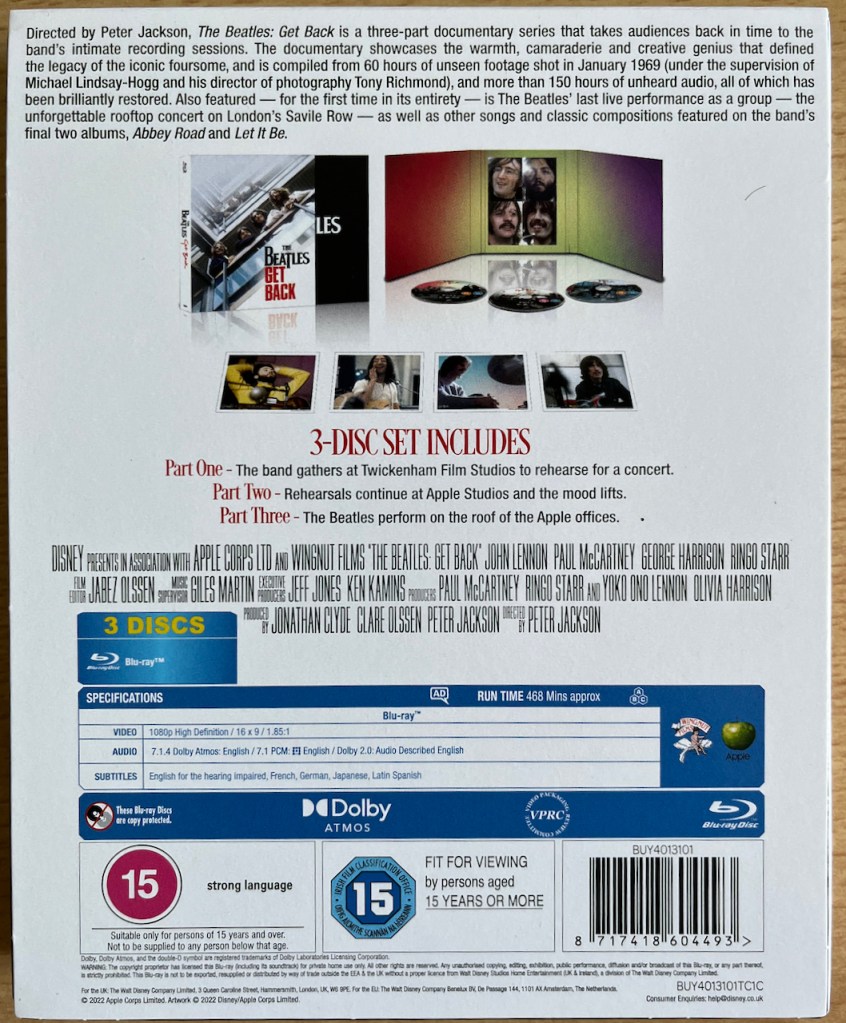Back cover of the Blu-ray set for Get Back by The Beatles, showing an image of the set when opened up and further details about it.