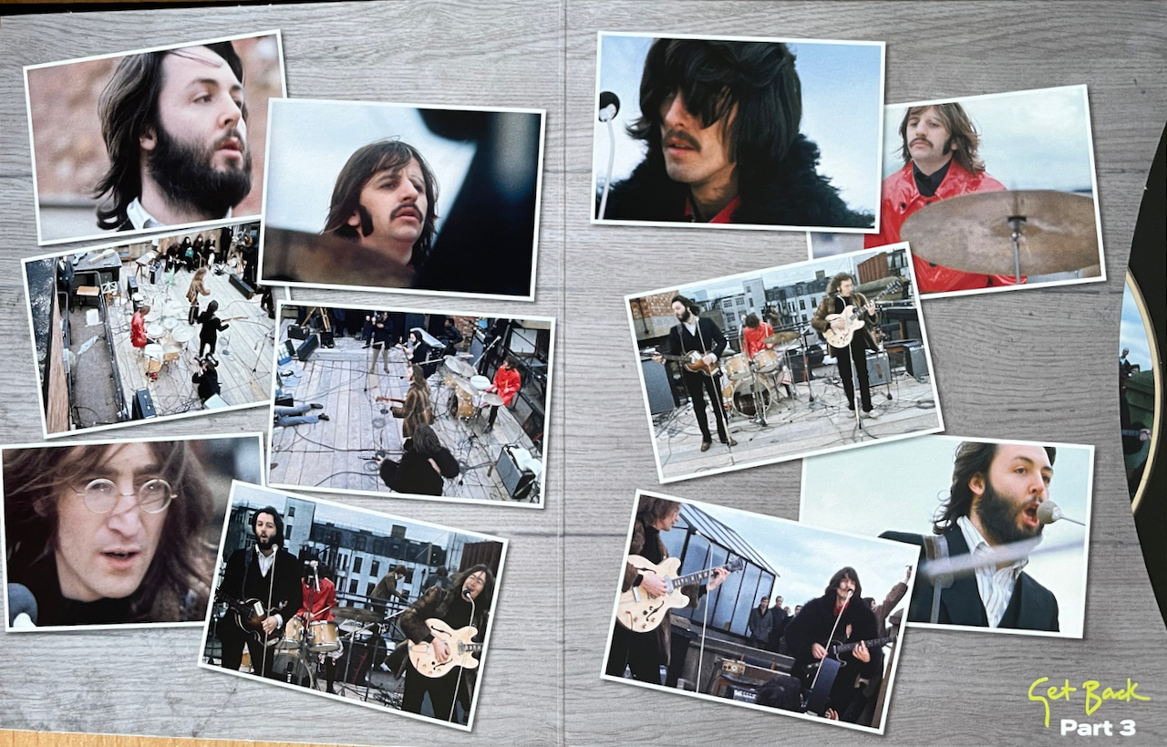 2 pages showing several photos of The Beatles playing together in their rooftop concert, from Part 3 of their Get Back documentary series, on the inside of their Get Back Blu-ray set.