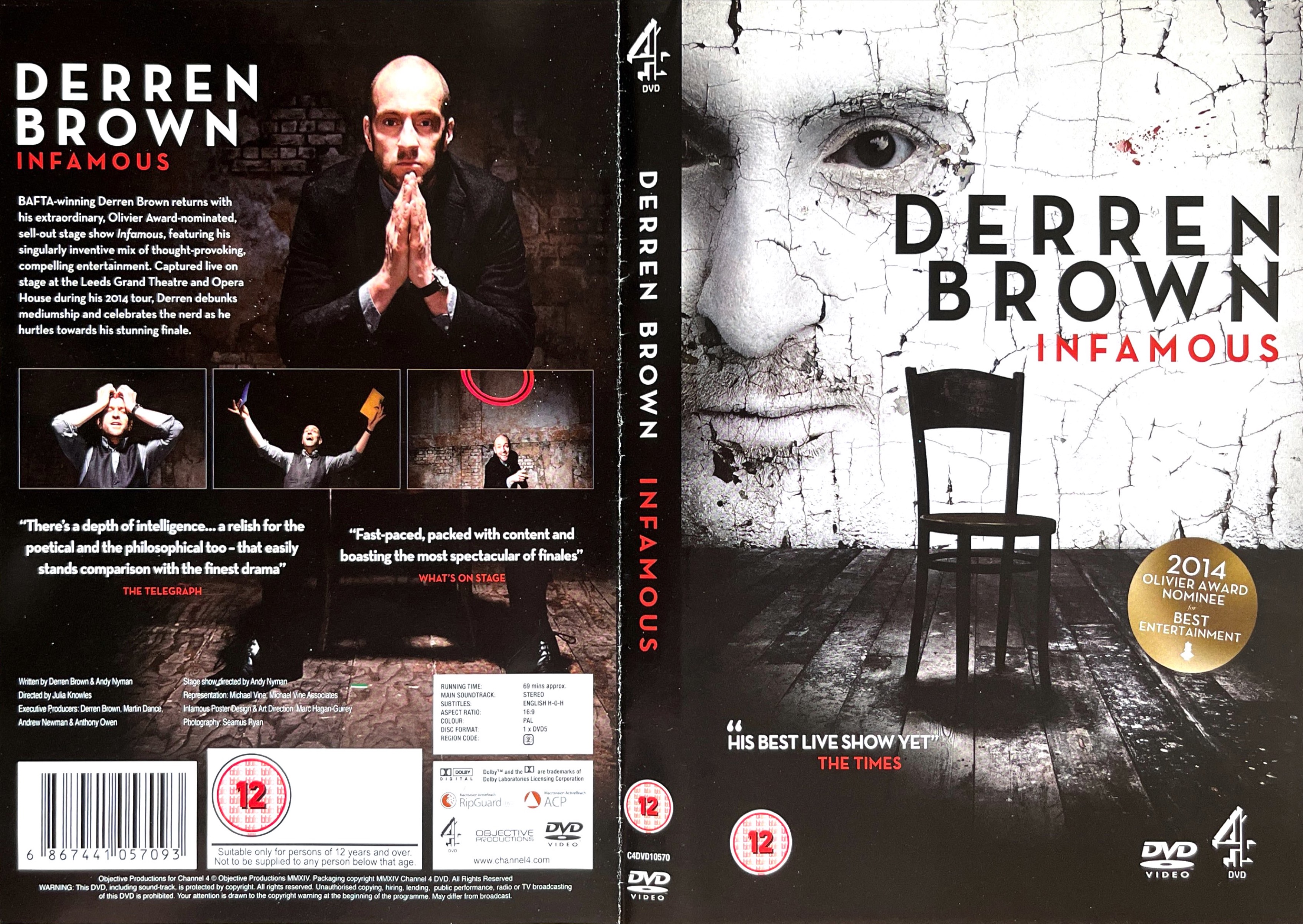 DVD cover spread for Derren Brown - Infamous. The front cover shows a black and white image of a chair sitting in front of an old cracking wall that has Derren's face on it. The back cover has images of Derren in action during the show amongst the details of the DVD.