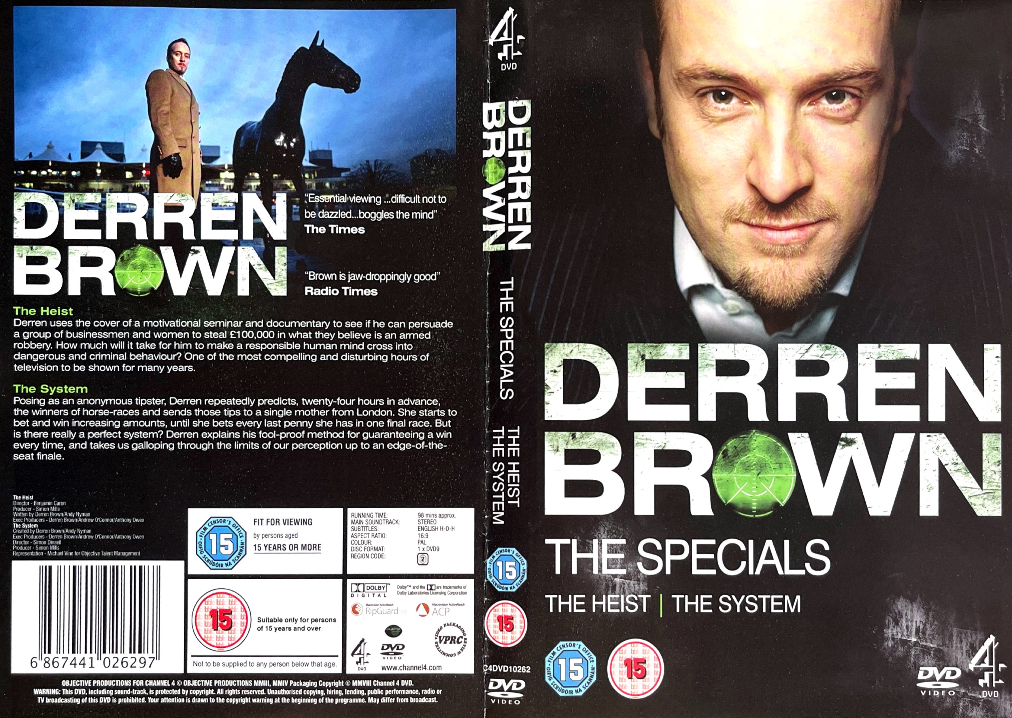 DVD cover spread for Derren Brown's specials The Heist and The System, including photos of Derren on the front and back covers.