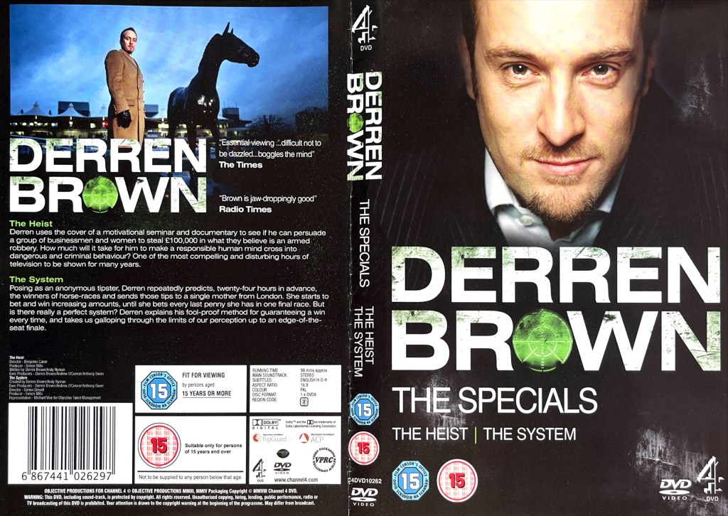 DVD cover spread for Derren Brown's specials The Heist and The System, including photos of Derren on the front and back covers.