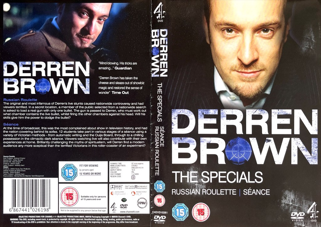 DVD cover spread for Derren Brown's specials Russian Roulette and The Séance, including photos of Derren on the front and back covers.