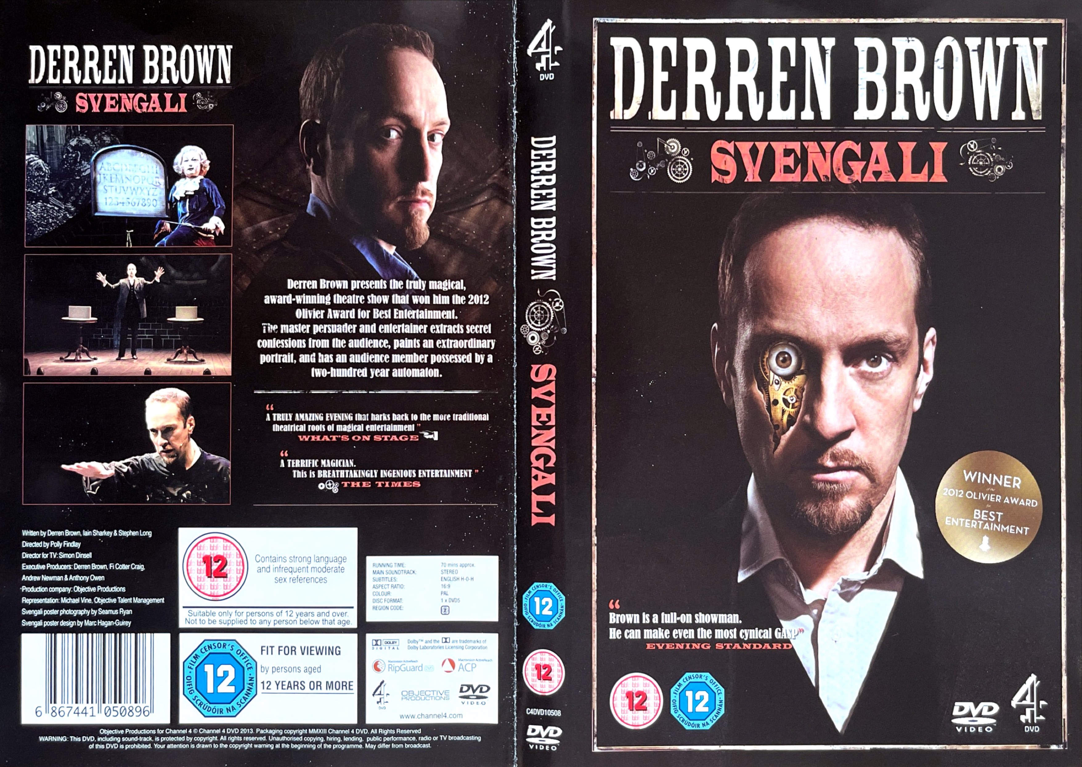 DVD cover spread for Derren Brown - Svengali. The front cover shows Derren staring a straight ahead, with his face torn open below one eye to reveal a clockwork mechanism beneath. The back cover has images of Derren in action during the show alongside the details of the DVD.