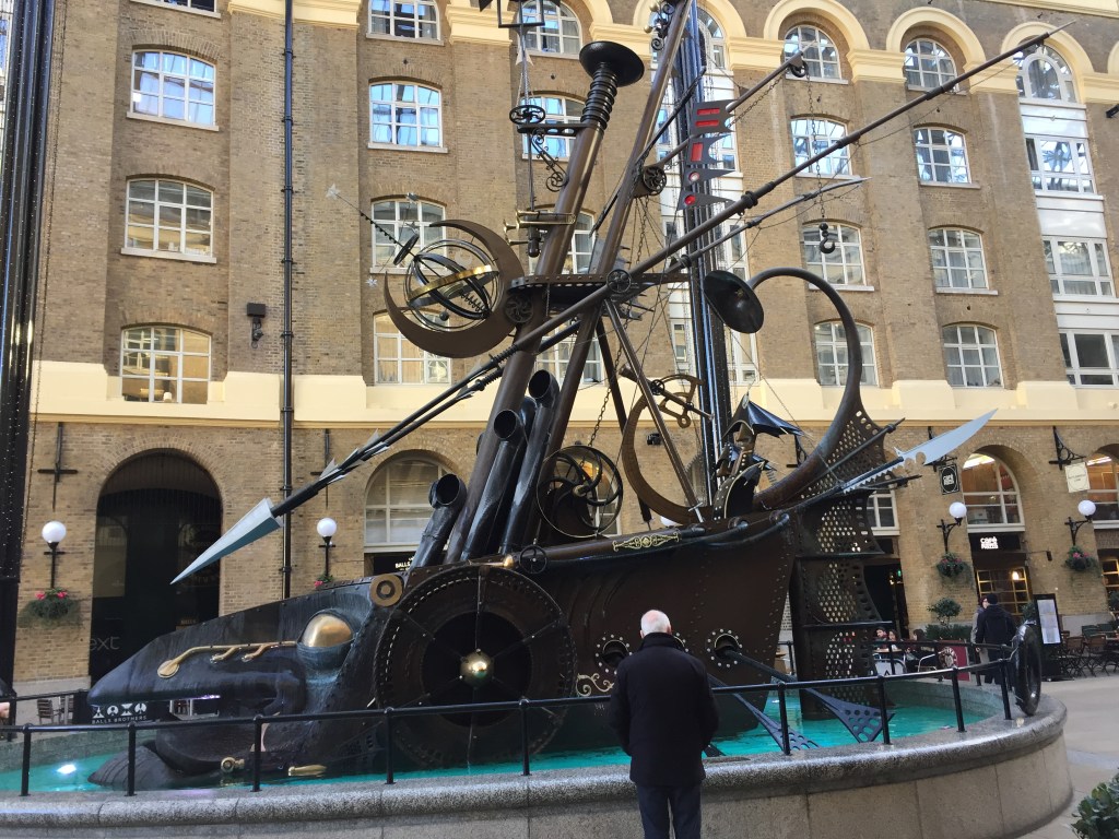 A 60 foot long bronze sculpture of a ship called The Navigators, by artist David Kemp, in Hay's Galleria in London.